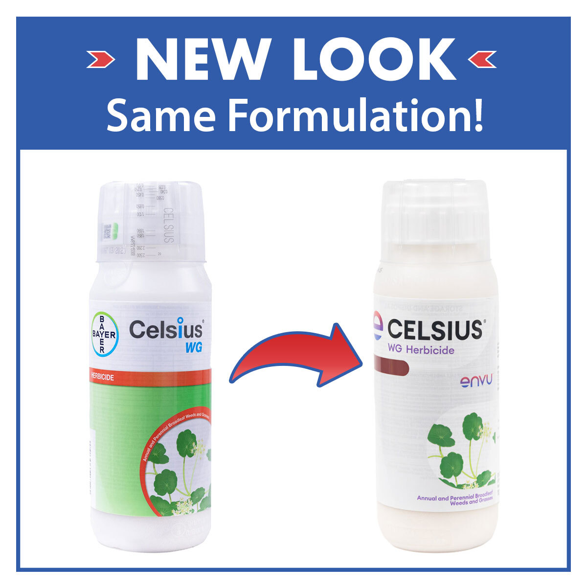Celsius WG packaging comparison showing the older Bayer bottle next to the current Envu bottle
